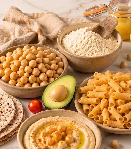 Chickpeas, flour, pasta and hummus made with NuCicer ingredients