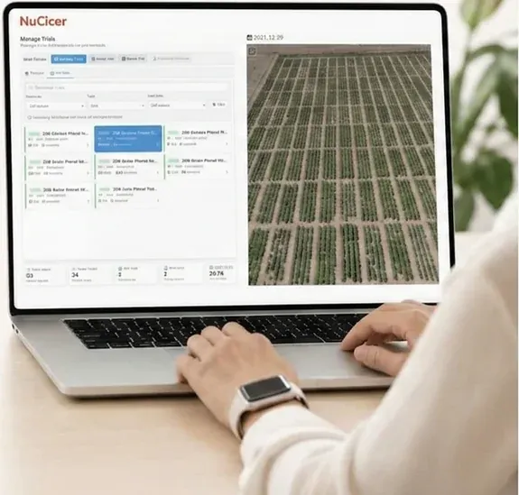 NuCicer software platform on a laptop showing plot trial management